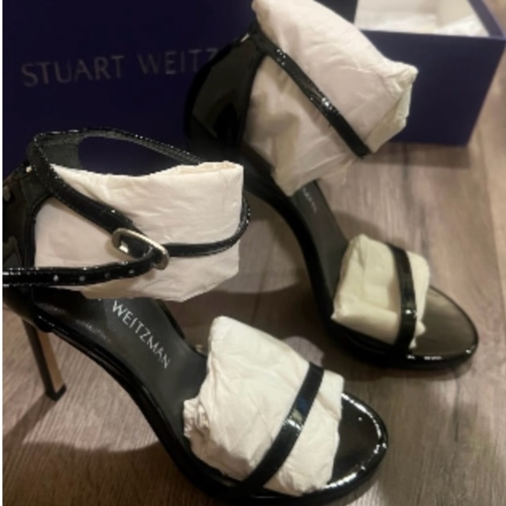Stuart Weitzman Black Patent Leather Ankle-Strap Sandals